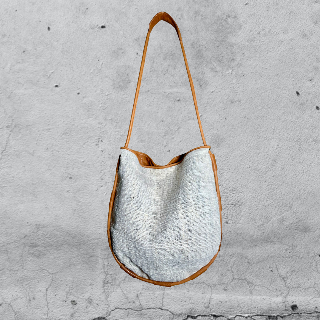 borsa a spalla GHILI • Cotone pelle Ecru Cuoio