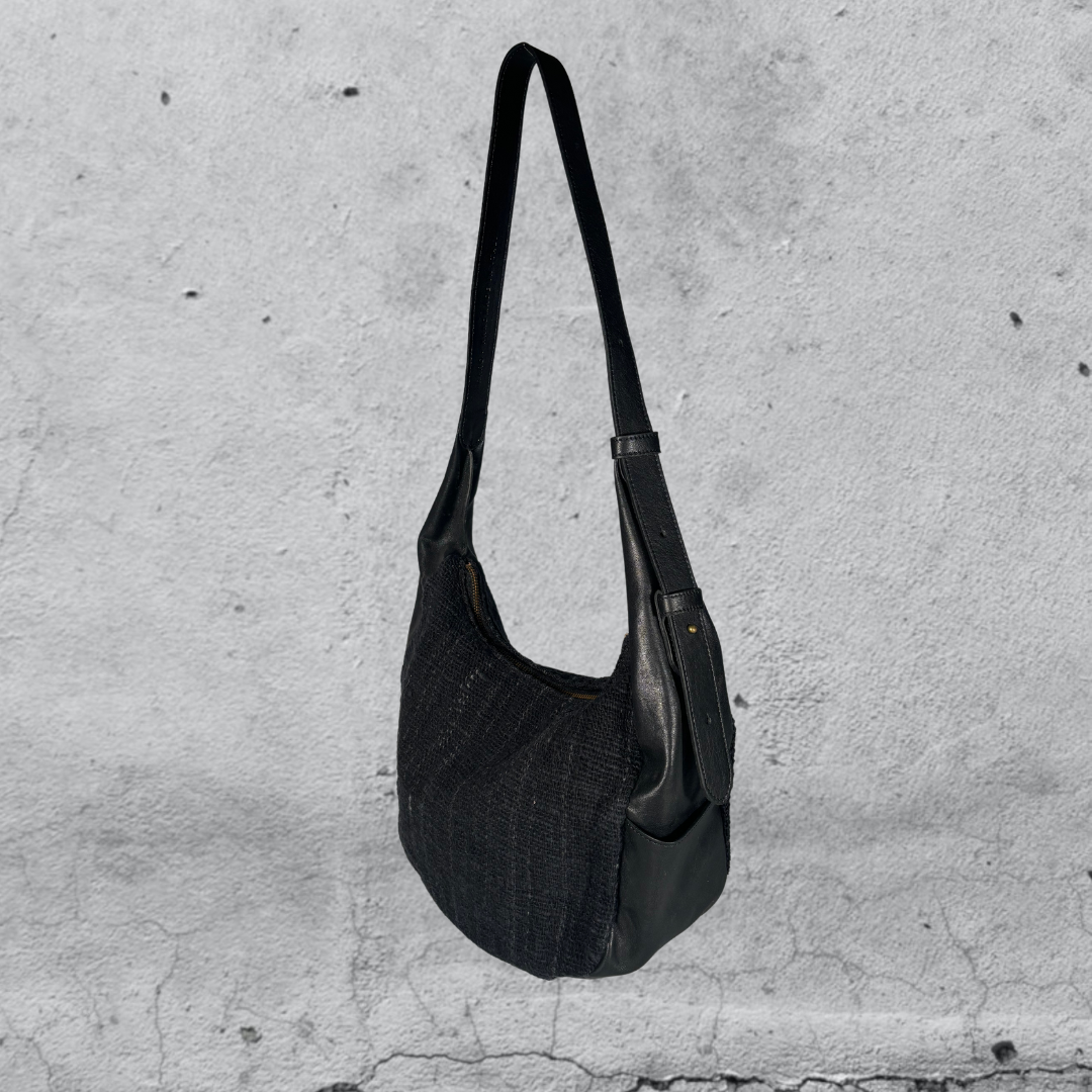 hobo bag kithara • cotone/pelle nero