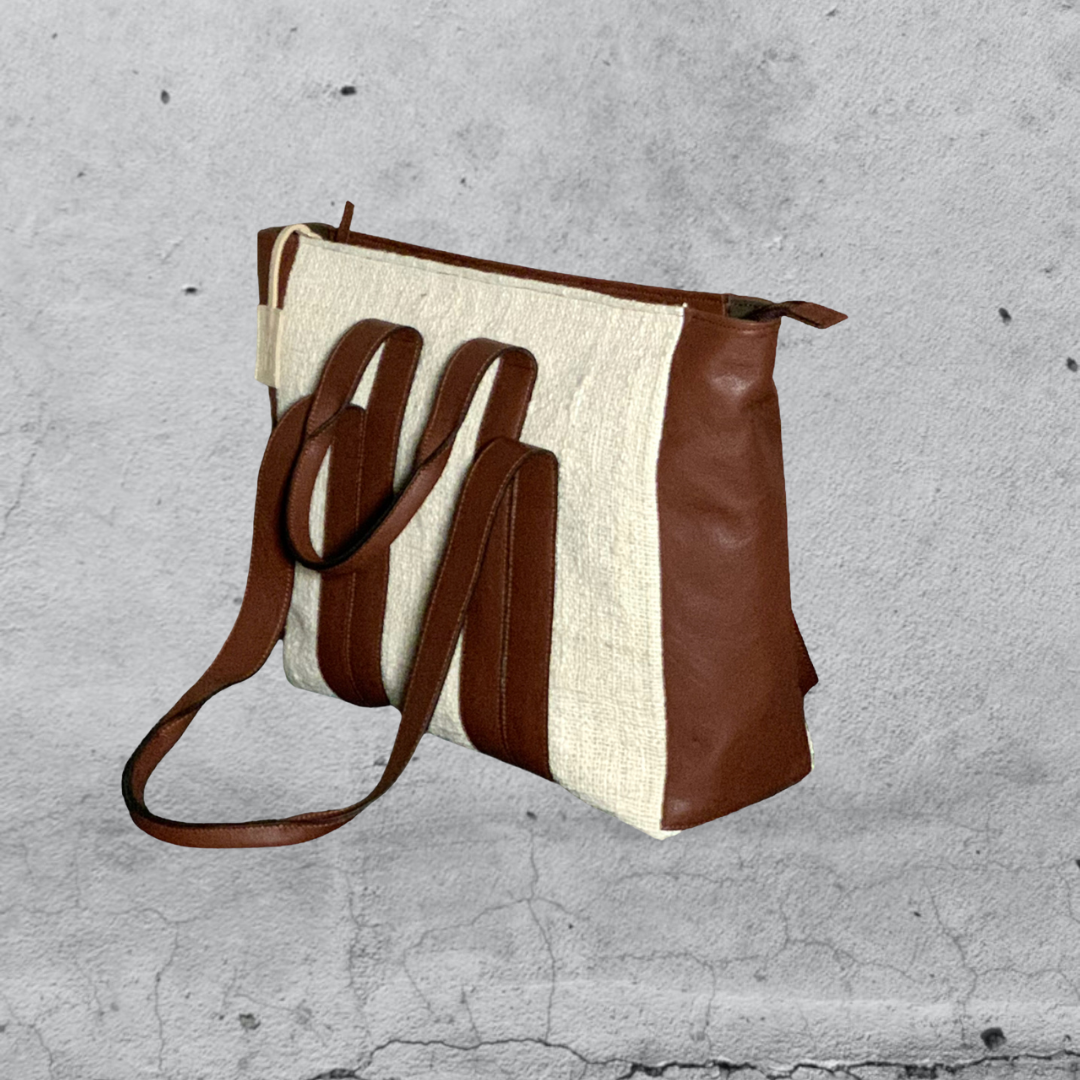 shopper cartella UBUD • pelle e cotone Ecru